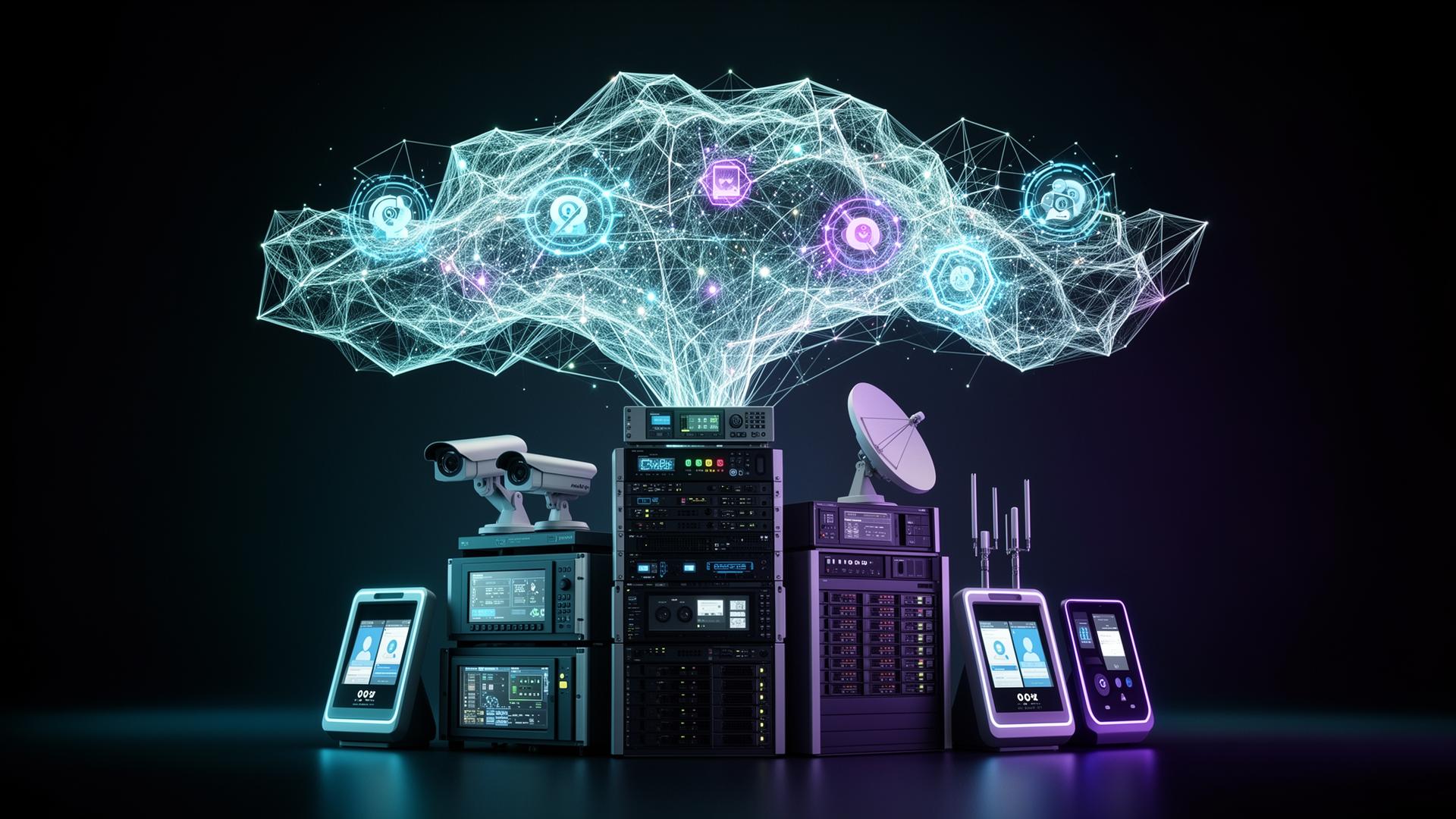 AI aggregation mesh hovering above CCTV, telecom, satellite and identity systems