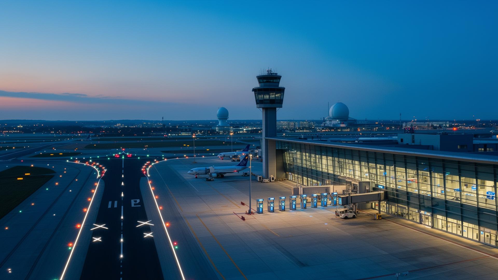 Modern airport at dusk — runway lighting, control tower, radar domes and terminal