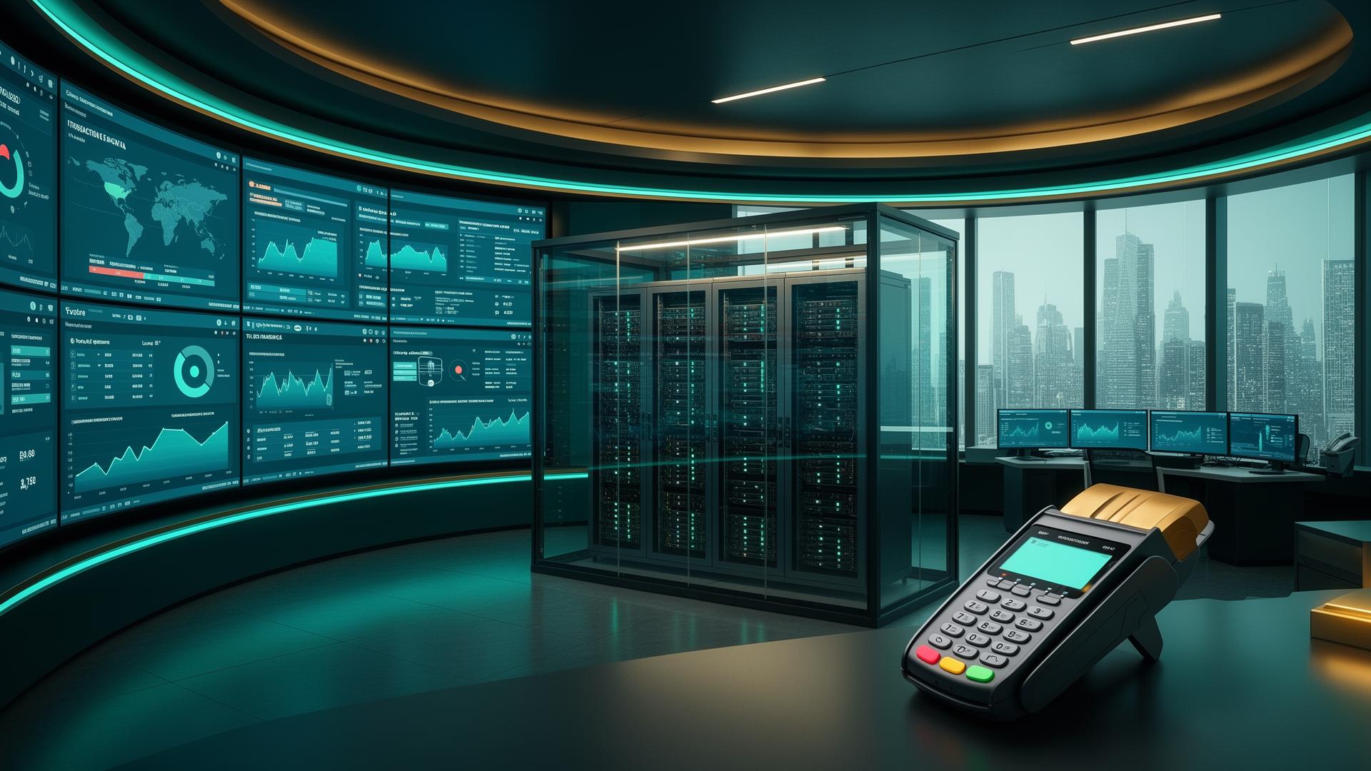 Bank operations centre — transaction dashboards, hardened server vault and payment terminal