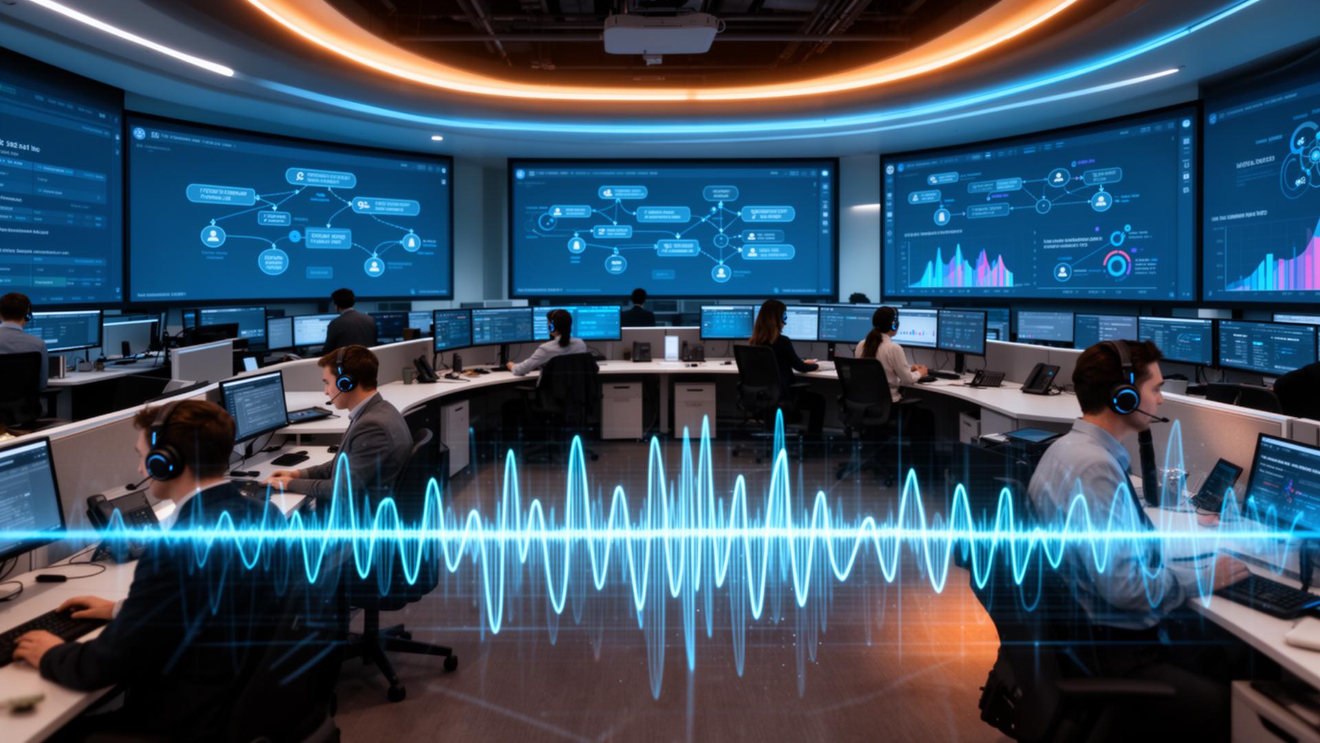 AI-powered contact centre — agents on headsets, IVR flow walls and live voice waveform