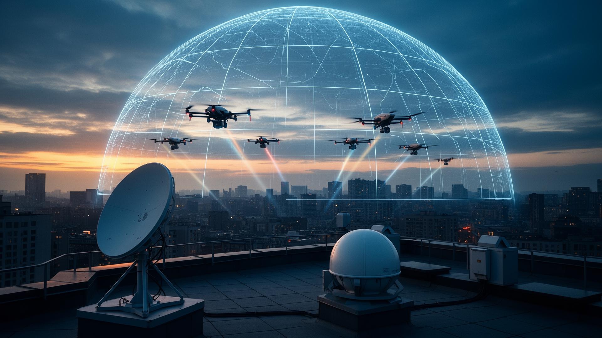 Autonomous drone fleet under a geofence dome with counter-UAS radar on a rooftop