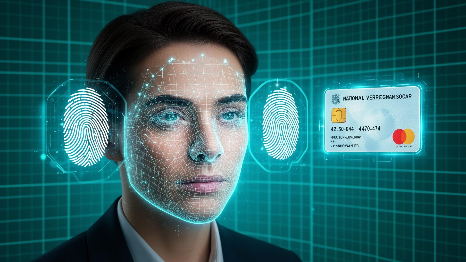 Biometric KYC — facial recognition mesh, fingerprint and national ID card hologram