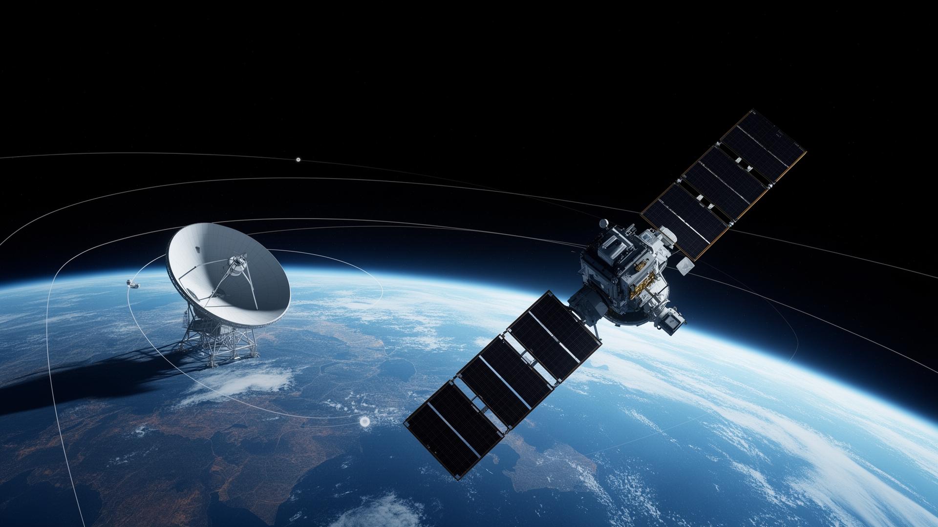 Satellite in low Earth orbit linked to a parabolic ground station