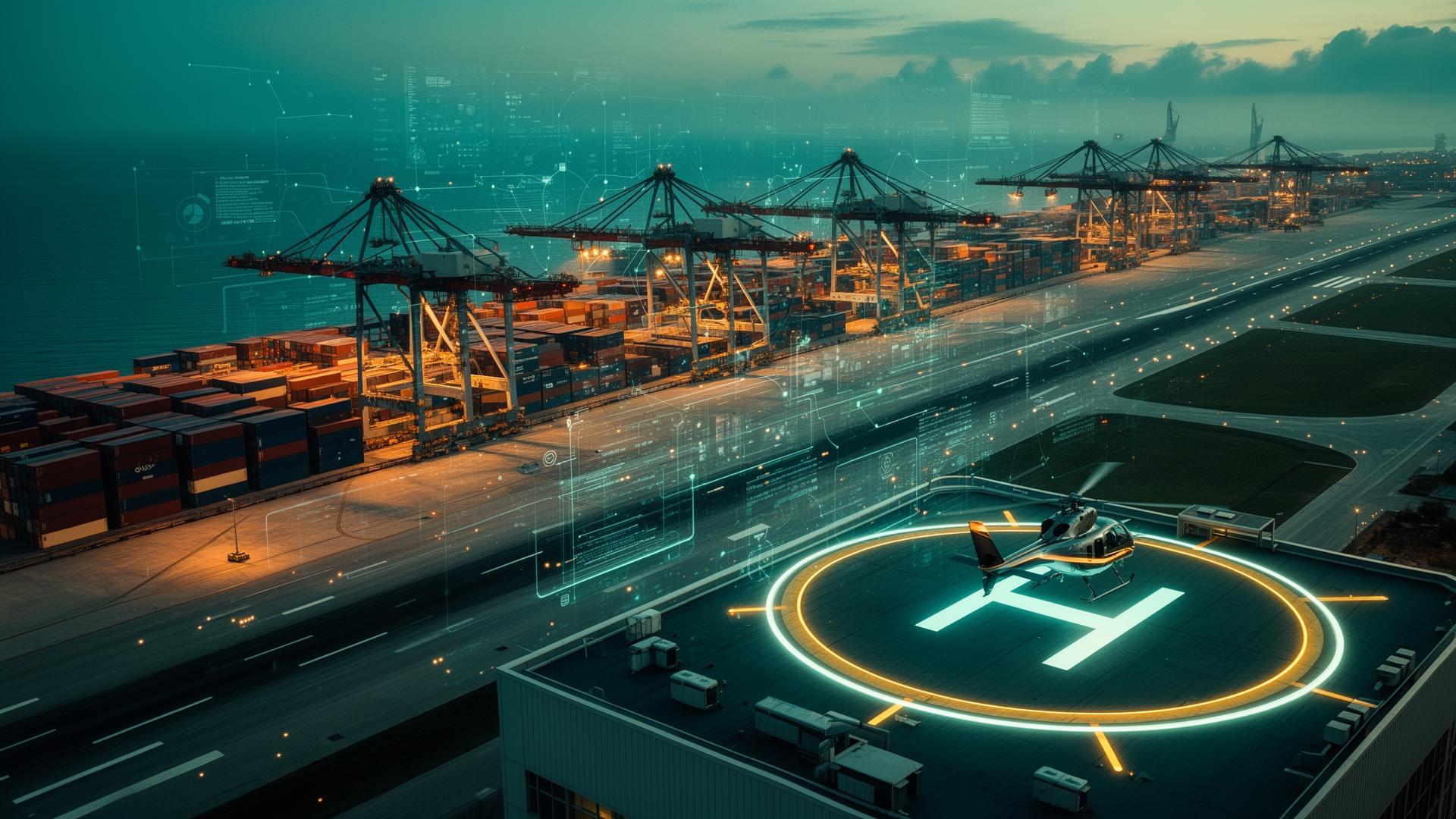 Connected hubs — smart port cranes, runway and helipad unified by a digital command fabric